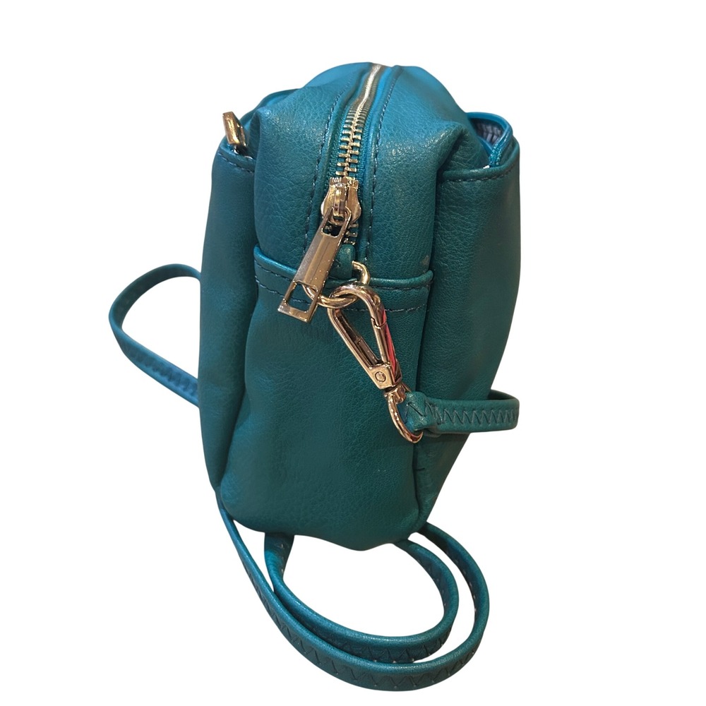 Teal Faux Leather Crossbody Bag Gold Tone Zipper Front Pocket Adjustable Strap - Picture 3 of 7